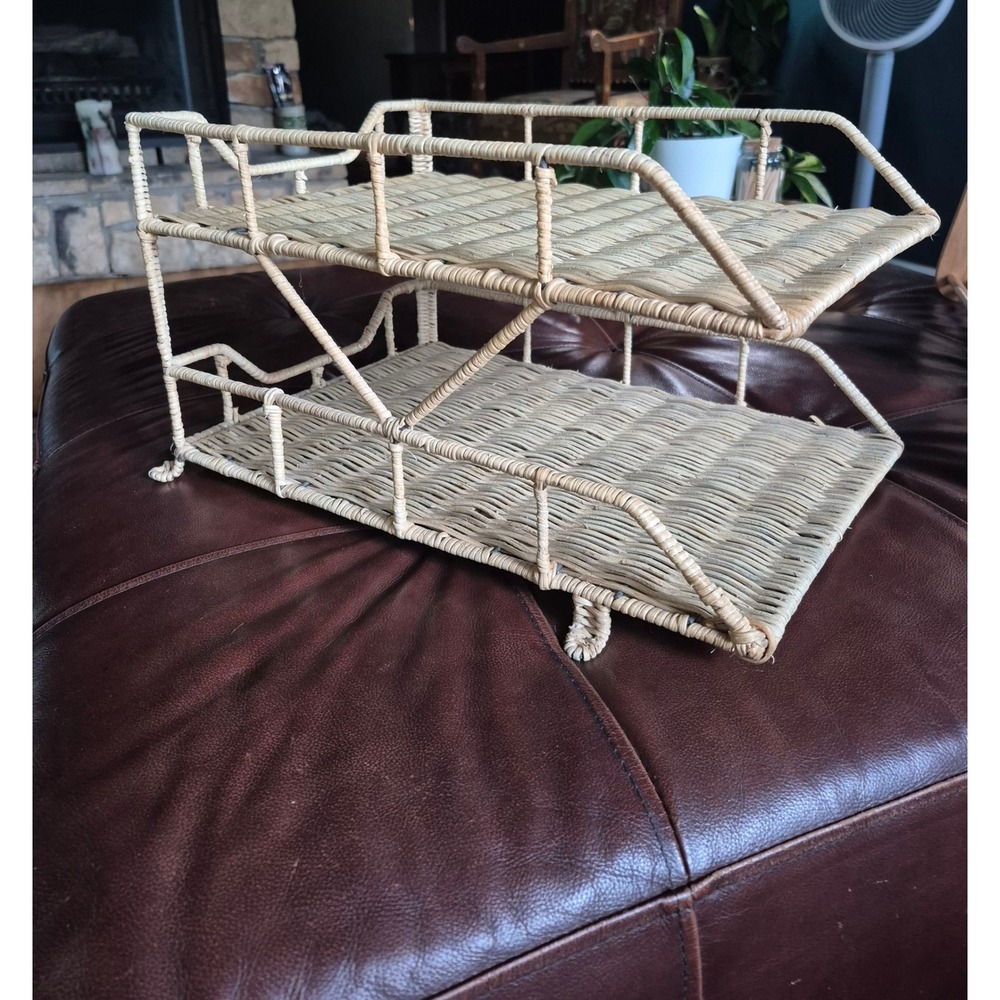 Vintage Wicker Rattan 2 Tier Desk Letter Paper Tray Organizer Boho Office Decor